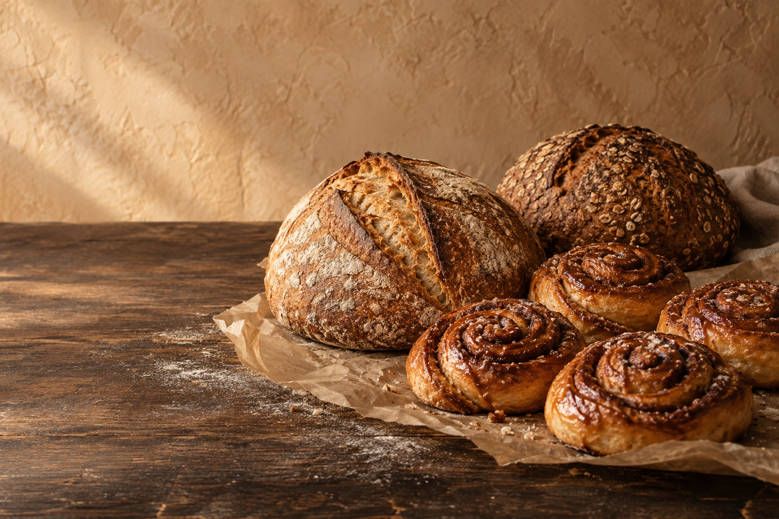 Fictief bakkerijstilleven met zuurdesembrood en kaneelbroodjes