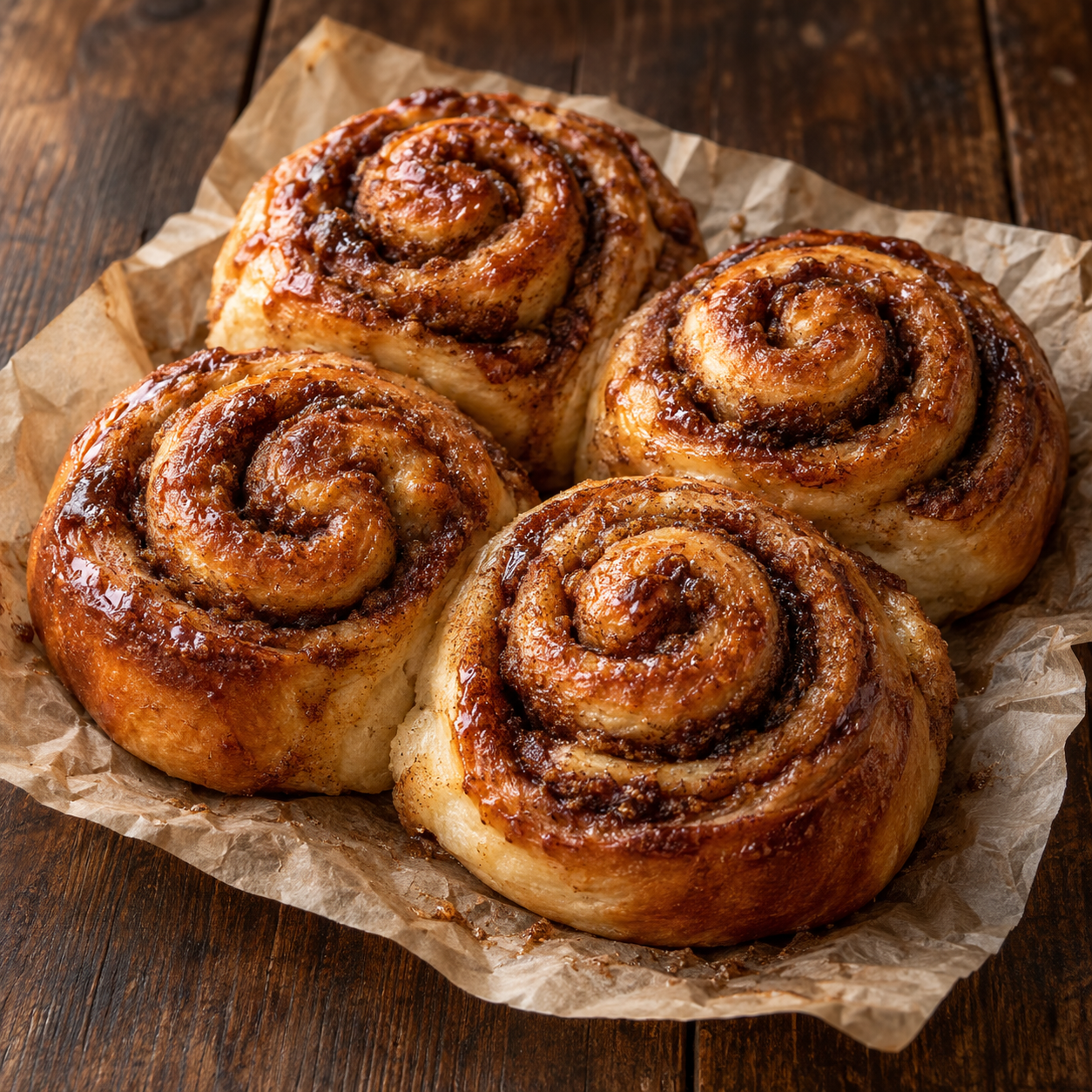 Fictieve doosselectie van vier kaneelbroodjes op bakpapier
